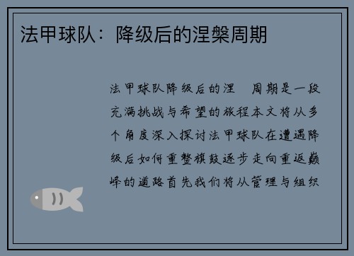 法甲球队：降级后的涅槃周期